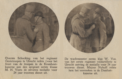 874781 Collage van 2 foto's betreffende het verlenen van onderscheidingen aan militairen te Utrecht, met links een ...